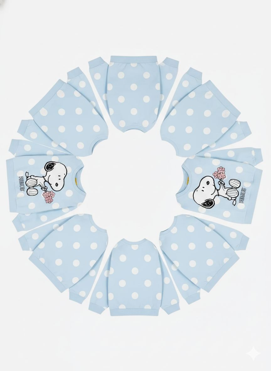 Buzo azul claro de snoopy con bolas blancas
