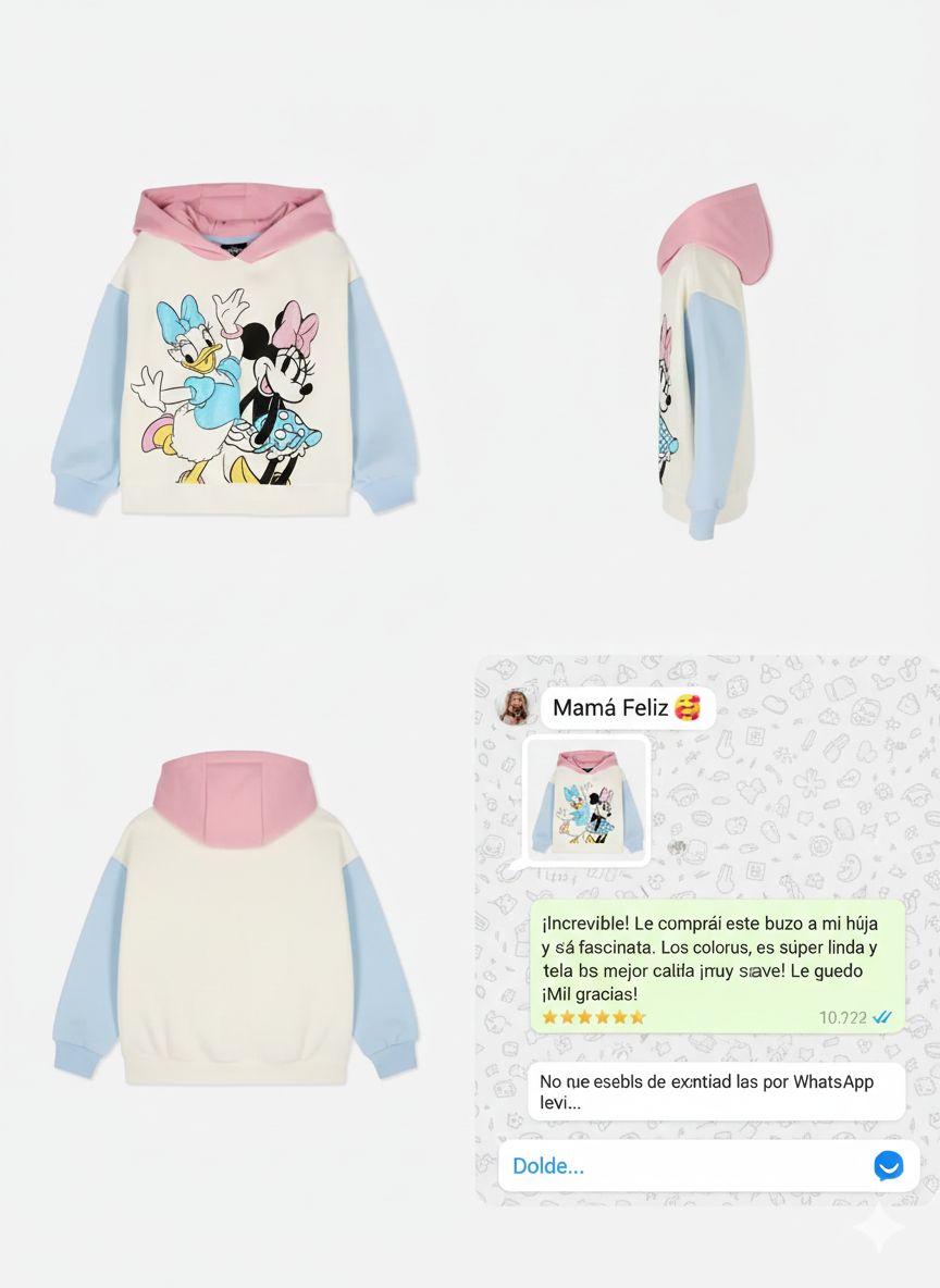 Buzo blanco con magas azules y capucha rosa, estampado de minnie y deisy en mirellas multicolor